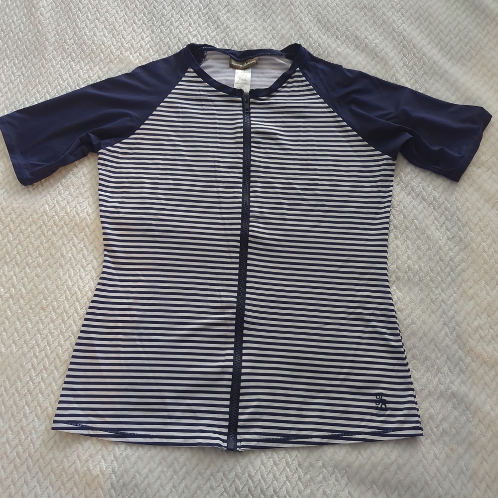 Tommy Bahama Rash Guard Navy and White Striped Short Sleeve Full Zip Size Large